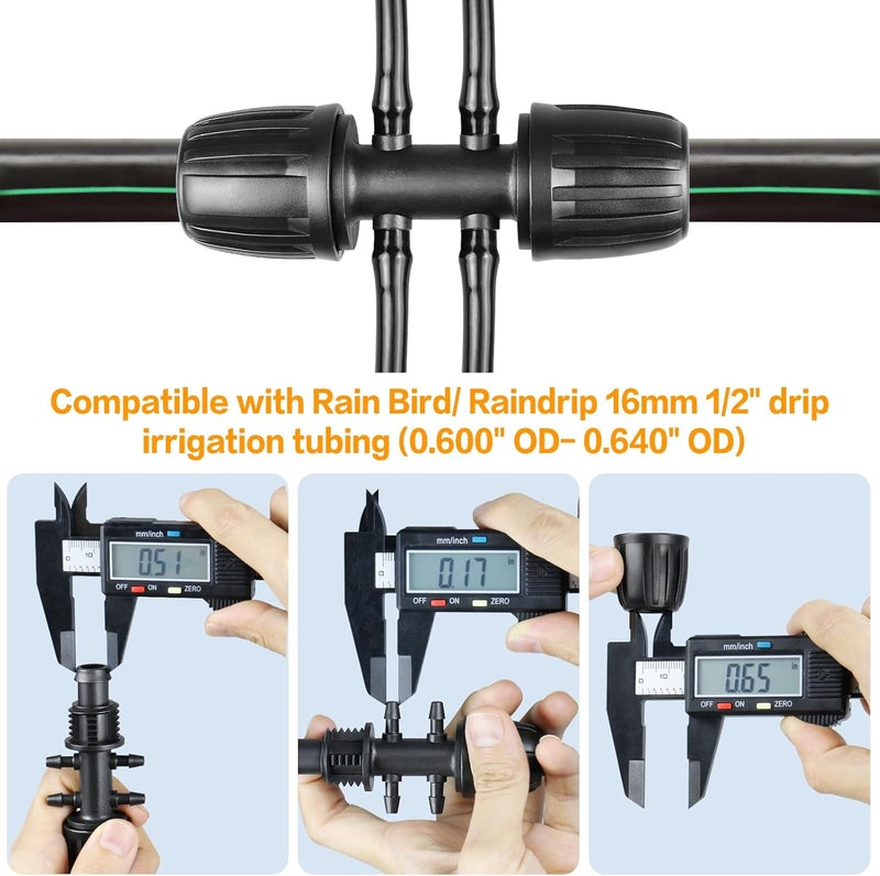 Gardrip Drip Irrigation Fittings for 1/2 Inch to 1/4 Inch Tubing Reducing Tee：1/2" (1/2" ID x 0.65" OD) to 1/4" Anti-Drop Locked Nut Barbed Reducer 6 Way Tee Connectors (12 Pack) - Image 4